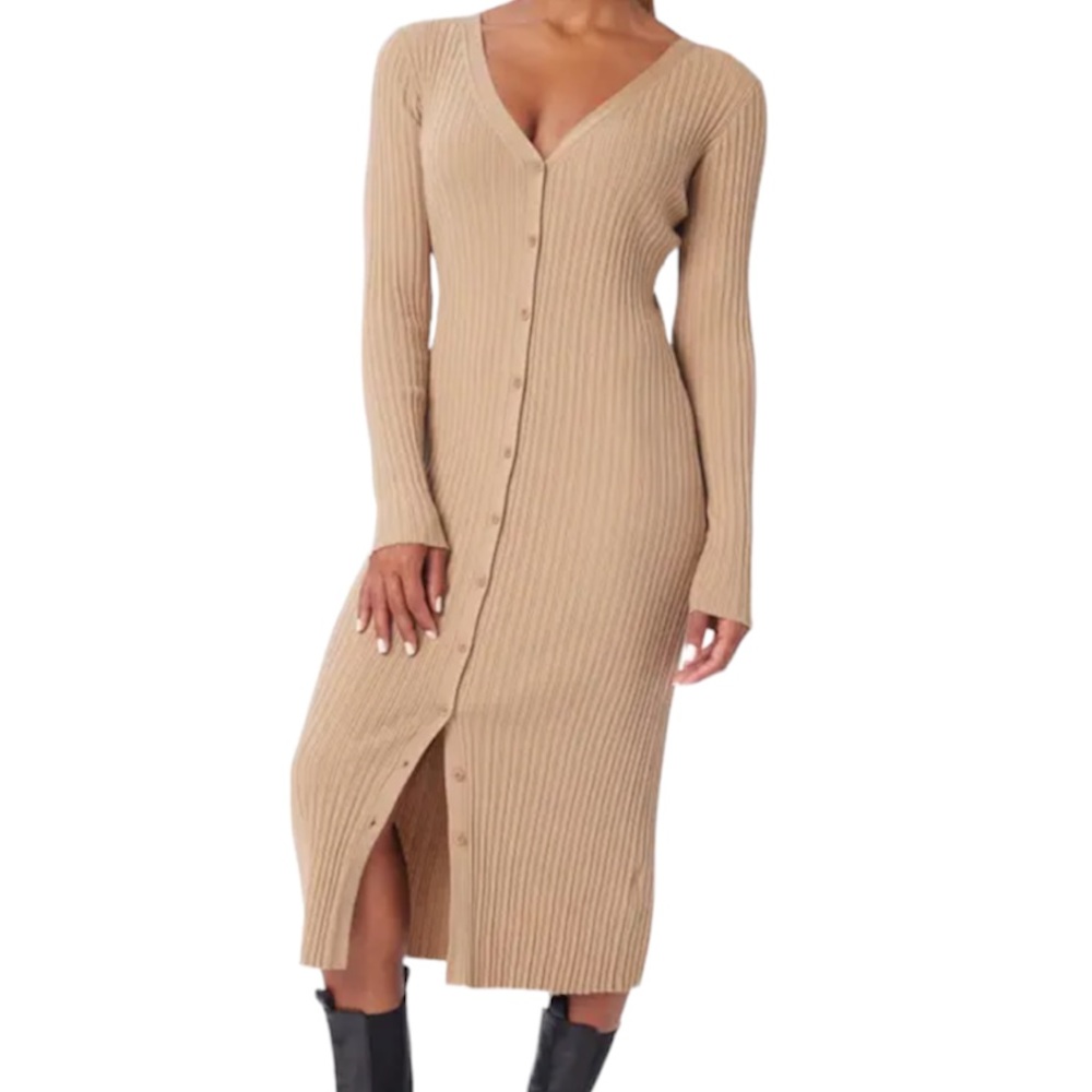 Knit Ribbed Midi Button Up Dress